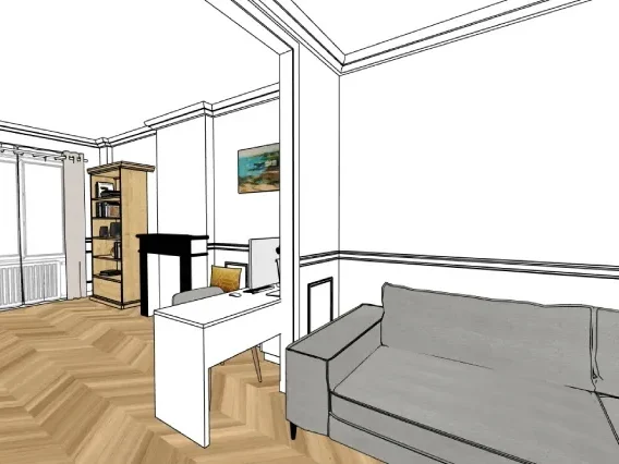 Bureau sur mesure aménagé dans un salon à Arras (vue 2) – mobilier sur mesure par Claire décoratrice