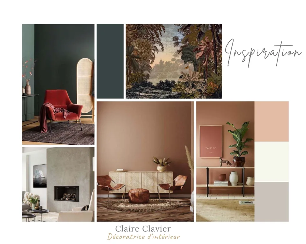 Planche d'ambiance aux teintes orangées – conception décorative par Claire décoratrice à Arras