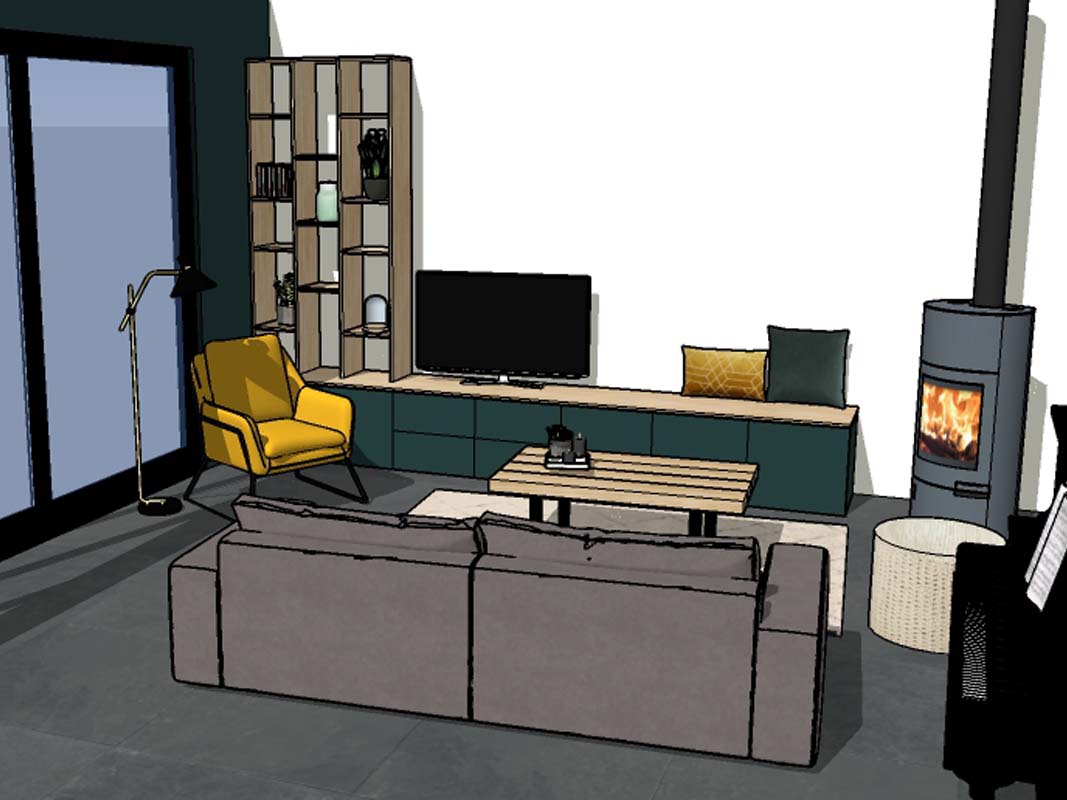 Conception réalisation meuble sur mesure - 3D. Salon. Meuble avec bibliothèque banquette et meuble TV. Aménagement décoration intérieur Bruay-La-Buissière