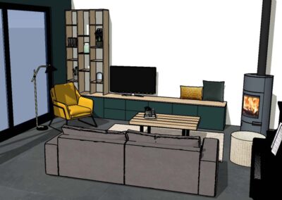Perspective vue 3D logiciel meuble sur mesure. Salon. Aménagement décoration intérieur Lille