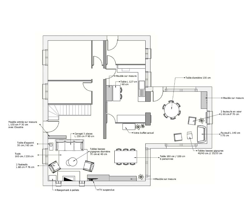 Plan 2D agencement meubles. Plan pour la disposition des meubles dans la pièce de vie. Décoration aménagement intérieur Réalisations
