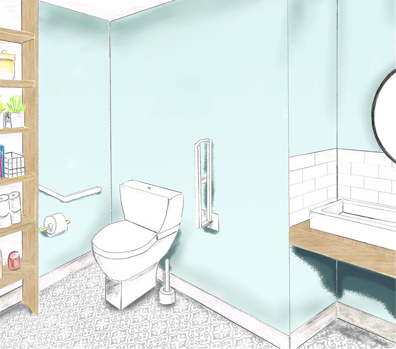 Sanitaires appartement pour personne à mobilité réduite, perspective fait main, couleur faite avec photoshop. Projets décoration aménagement intérieur