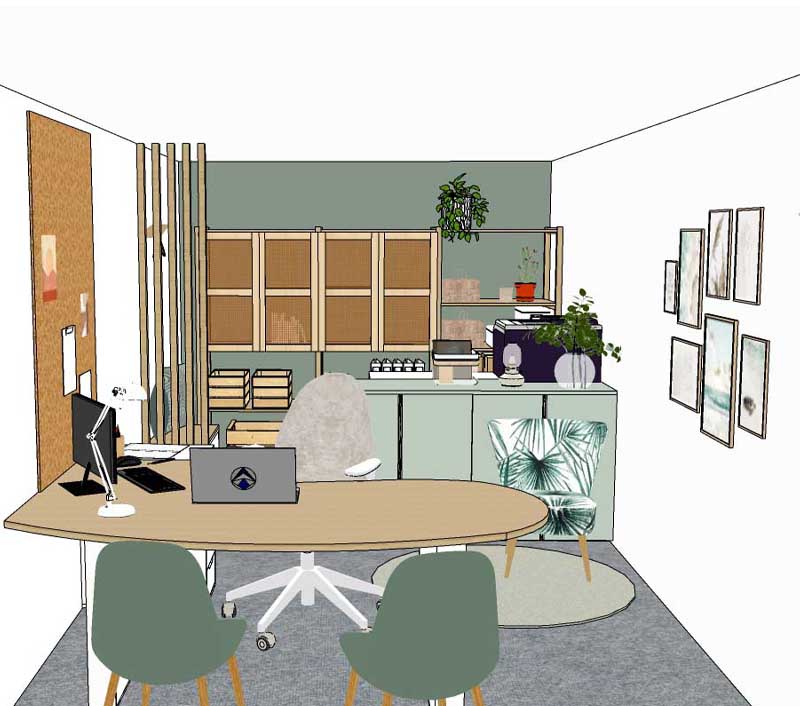 Vue 3D bureau professionnel. Grand bureau, rangements IVAR IKEA, chaises vertes en velours, mur du fond vert. Aménagement décoration bureau professionnel Arras