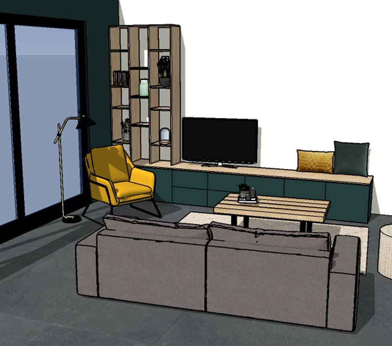 Vue 3D salon, meuble sur mesure, fauteuil jaune, présentation Claire Clavier Décoratrice d'intérieur